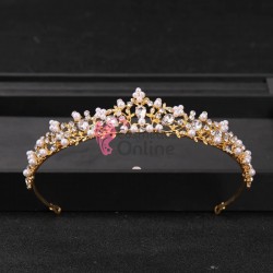 Coroana eleganta pentru mireasa CR014HH Aurie cu cristale din sticla cu perle